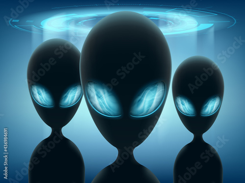 Aliens stand on background of glowing UFO.