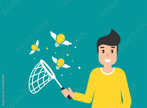 Happy freelancer man with butterfly net and flying idea bulbs. flat vector illustration on blue.