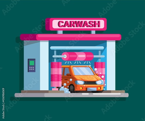 Car wash automatic drive thru building concept in cartoon illustration vector