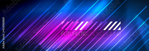 Neon glowing lines  magic energy and light motion background. Vector wallpaper template