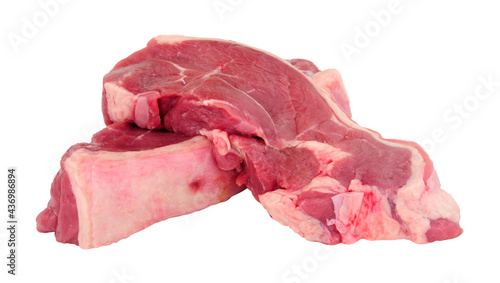 Fotografi Two fresh raw lamb meat rump steaks isolated on a white background