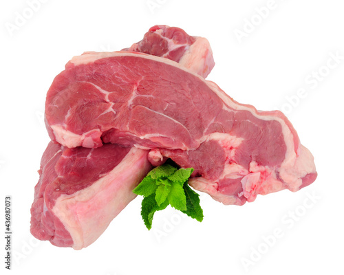 Two fresh raw lamb meat rump steaks isolated on a white background photo