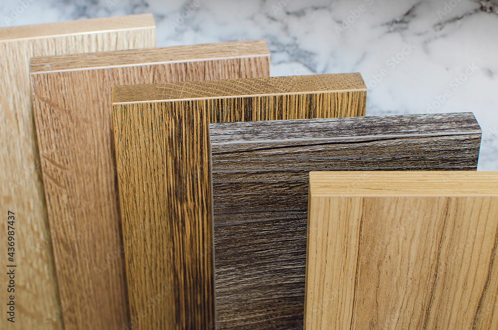 The furniture store presents samples of laminate for the production of furniture. The furniture store presents samples of laminate for the production of furniture.