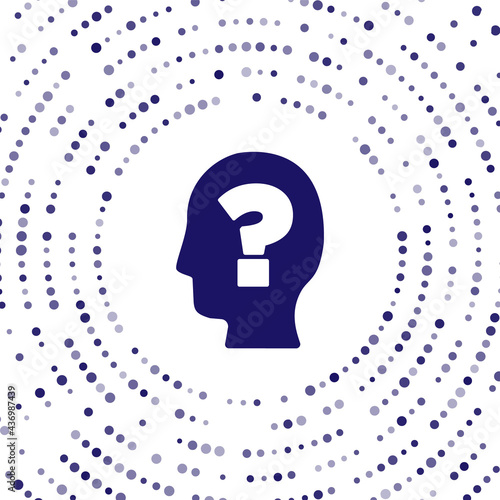 Blue Human head with question mark icon isolated on white background. Abstract circle random dots. Vector