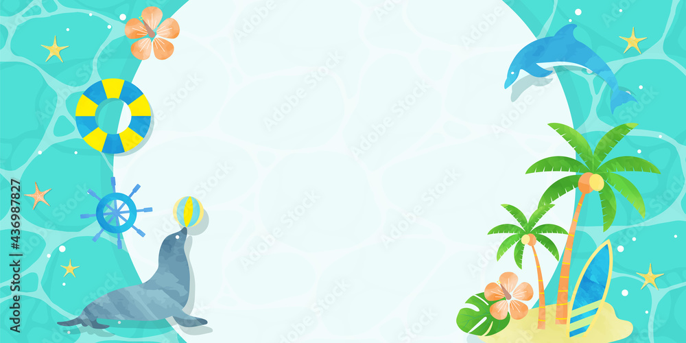 夏 水彩 ビーチ 海 バナー フレーム イラスト 2 1 横位置 バリエーションあり Stock Vector Adobe Stock