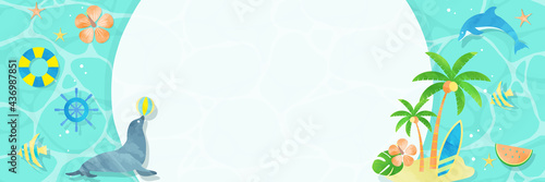 夏、水彩、ビーチ、海、バナー、フレーム、イラスト　/ 3:1　横長　/ バリエーションあり