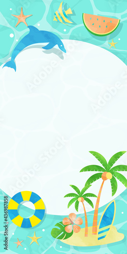 夏、水彩、ビーチ、海、バナー、フレーム、イラスト / 1:2 縦長　/ バリエーションあり 
 