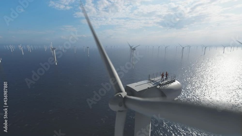 Wallpaper Mural Workers on top of an offshore wind turbine against morning sun, 4K Torontodigital.ca