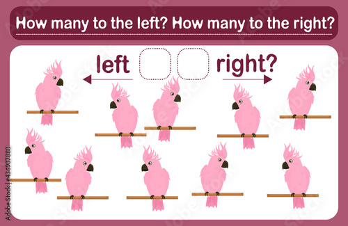 A logic game for kids called Left or right. Spatial orientation with parrots. Training sheet. Count how many parrots are turned left and how many are turned right.