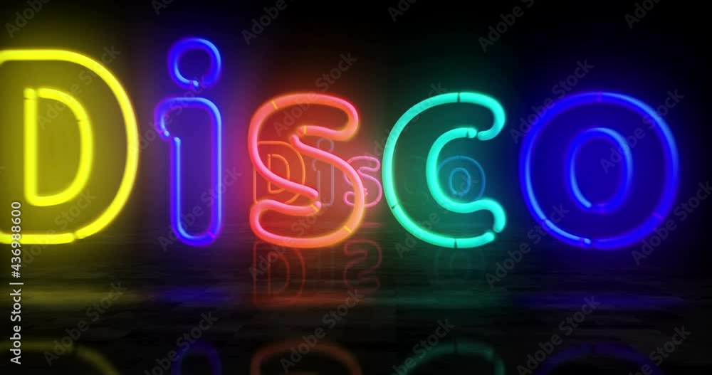 Disco symbol neon symbol. Light color bulbs with retro nightlife city music club sign. Abstract concept 3d flying through the tunnel animation. Disco symbol neon symbol. Light color bulbs with retro nightlife city music club sign. Abstract concept 3d flying through the tunnel animation.