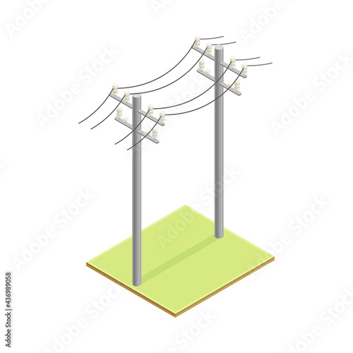Utility Pole Supporting Overhead Electric Power Lines Isometric Vector Illustration