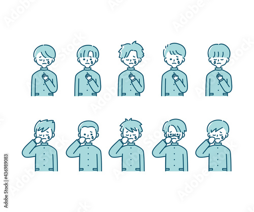 冬の制服を着た様々な男子学生の感情表現イラスト（上半身）