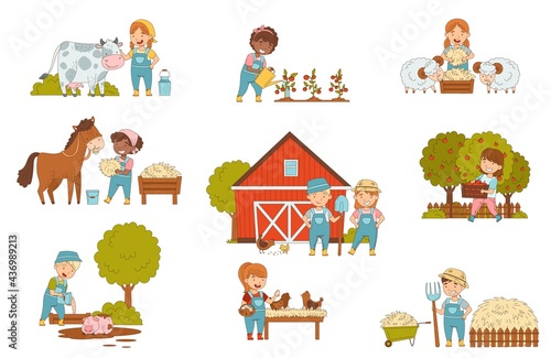 Little Children Working on the Farm Feeding Livestock, Harvesting and Gardening Vector Set