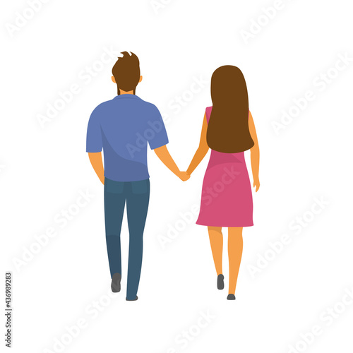 couple, man and woman walking together holding hands backside view vector illustration