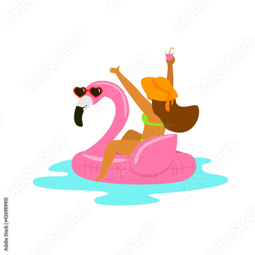 happy woman in a flamingo inflatable float on beach vacations isolated vector graphic