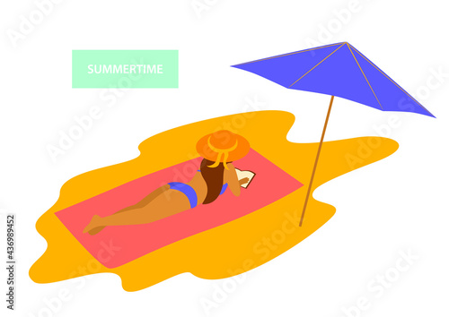 young woman relaxing sunbathing reading book on the beach vector graphic