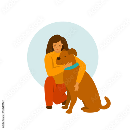 girl with a dog hug cute vector illustration scene