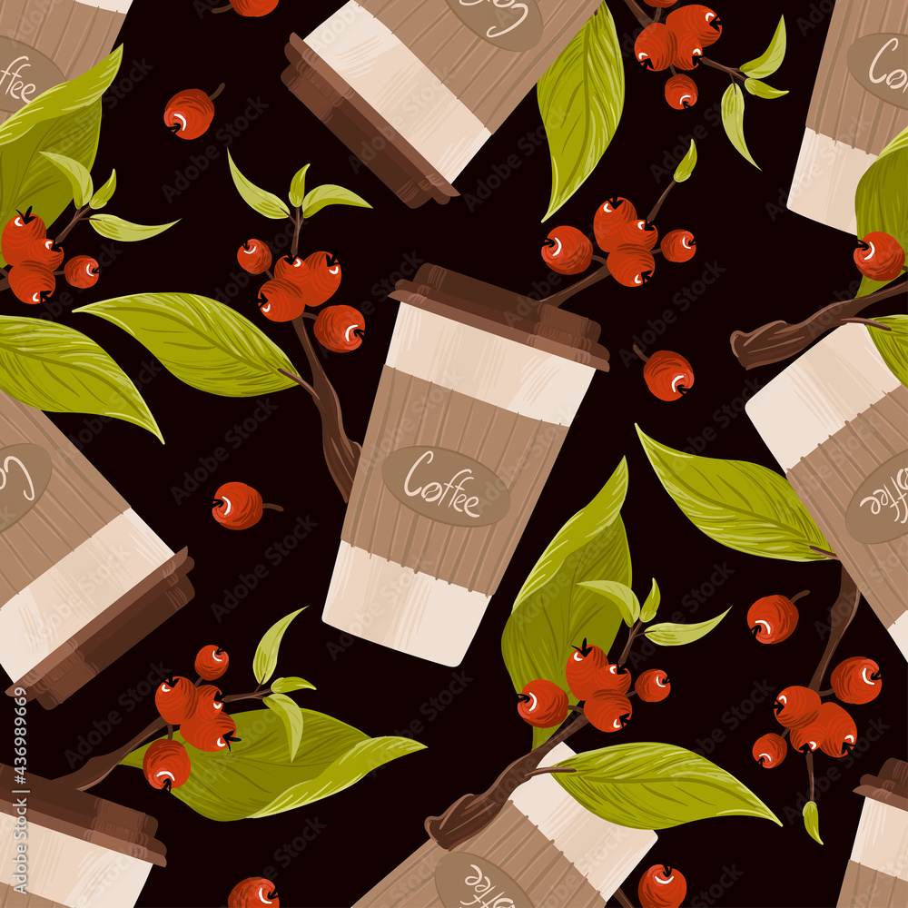 Seamless pattern of paper coffee mug and branches of red coffee berries with green foliage on a dark background. Hand drawn vector illustration