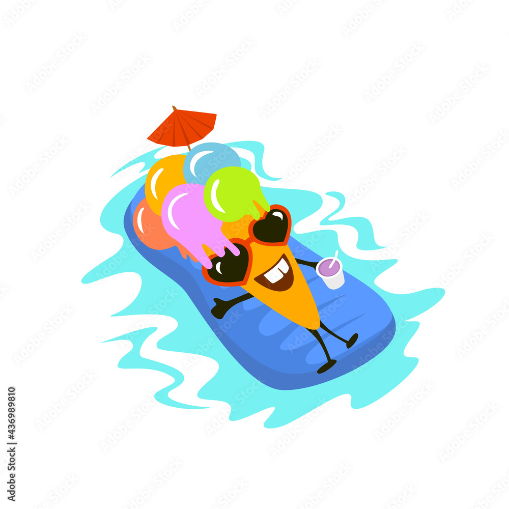happy cute cartoon ice cream character on vacation swimming on inflatable mattress in a pool