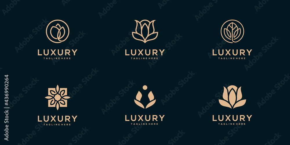 Luxury line art beauty flower, rose, and leaves logo collection