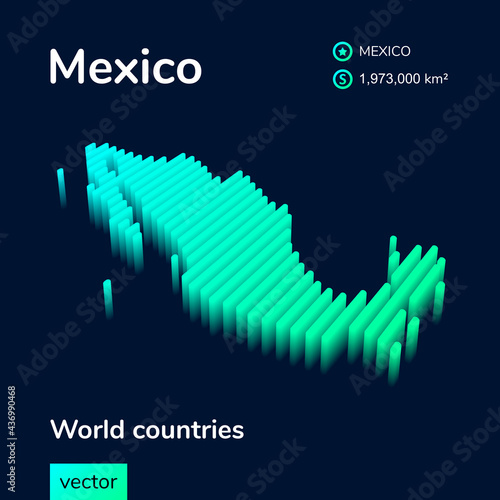 Stylized striped  isometric neon vector Mexico map with 3d effect. Map of Mexico is in green and mint colors on the dark blue background