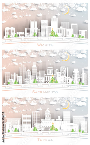 Topeka, Wichita Kansas and Sacramento California USA City Skyline Set. photo