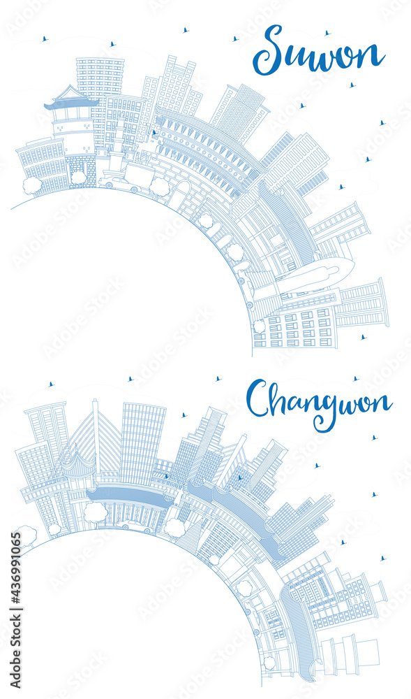 Outline Changwon and Suwon South Korea City Skyline Set.