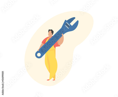 Tiny male cartoon character holding huge adjustable wrench. Plumbing services. Tool home pipe fixing and bolting. Professional repair with emergency crew. Vector flat illustration photo