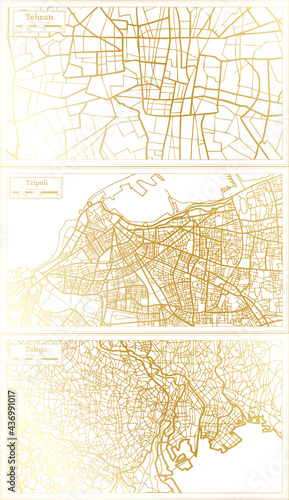 Photography Tripoli Libya, Tokyo Japan and Tehran Iran City Map Set.