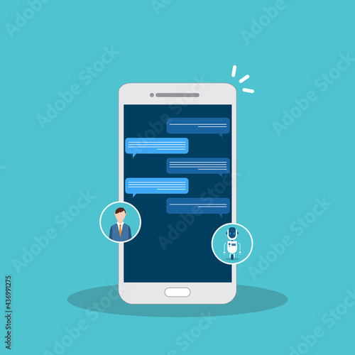 People use chat bot services, smart phone with virtual assistant. Concept of business development, sales increase, help service, customer service robot. Vector illustration