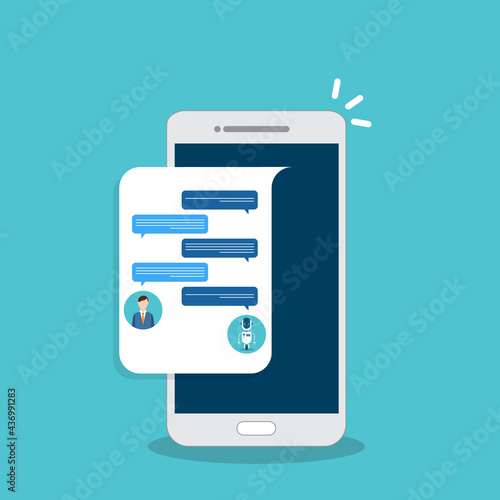 People use chat bot services, smart phone with virtual assistant. Concept of business development, sales increase, help service, customer service robot. Vector illustration