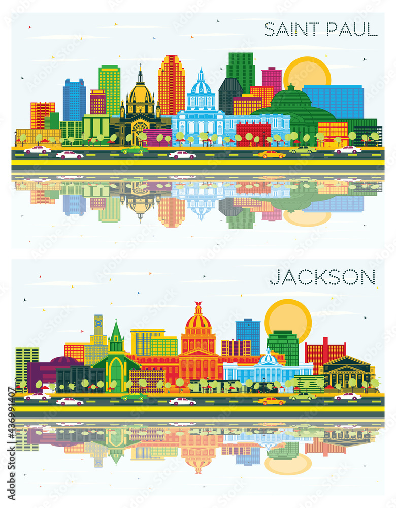 Jackson Mississippi and Saint Paul Minnesota City Skyline Set.