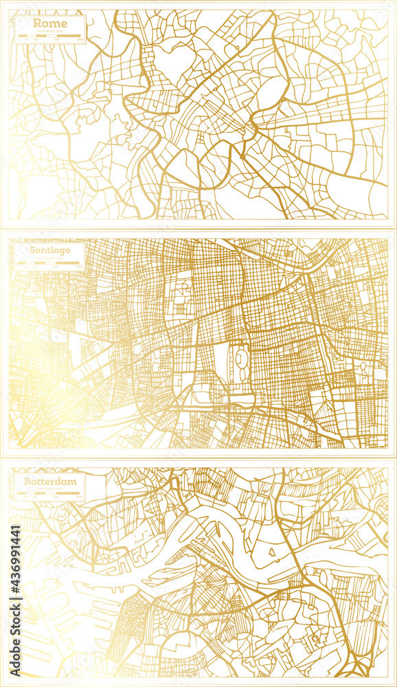 Santiago Chile, Rotterdam Netherlands and Rome Italy City Map Set.