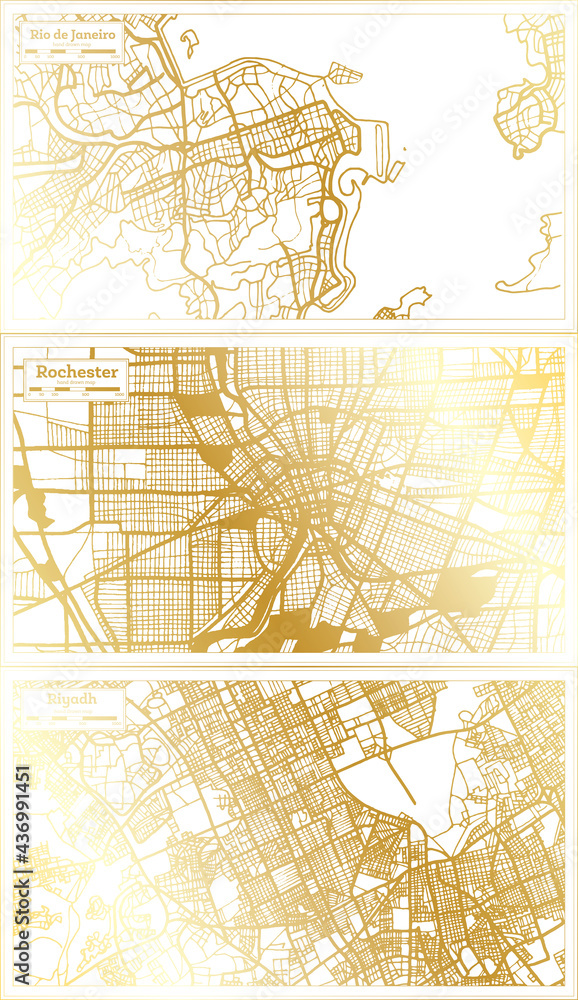 Rochester USA, Riyadh Saudi Arabia and Rio De Janeiro Brazil City Map Set.