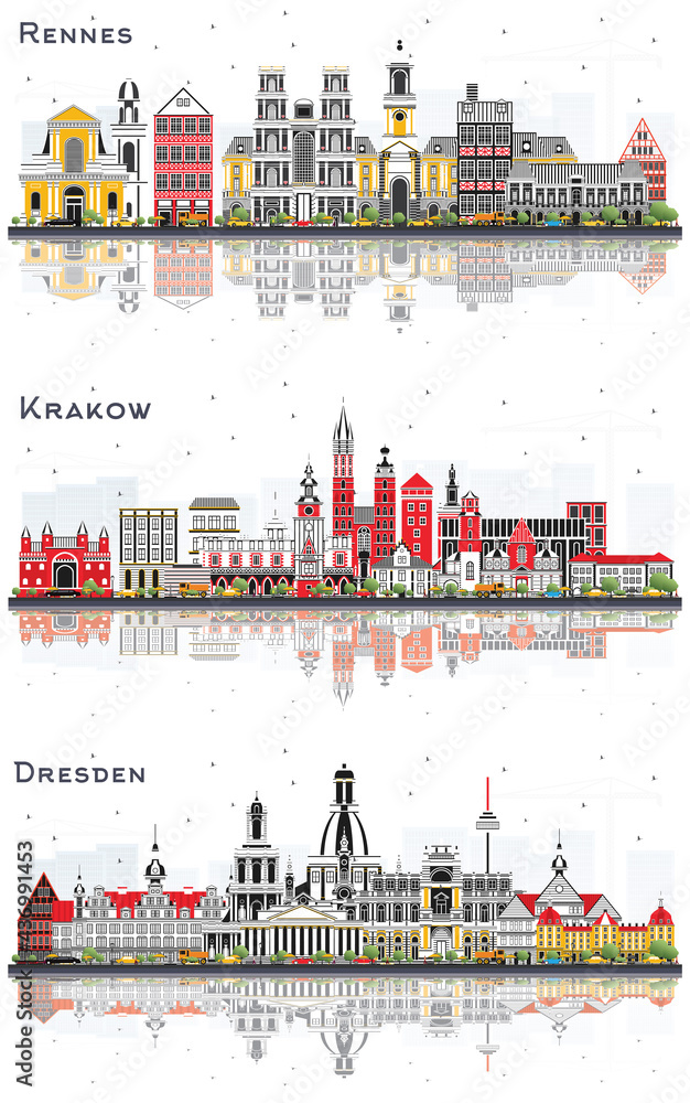 Krakow Poland, Dresden Germany and Rennes France City Skyline Set.