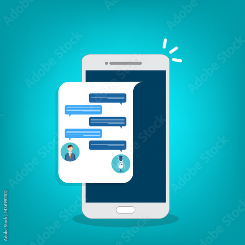 People use chat bot services, smart phone with virtual assistant. Concept of business development, sales increase, help service, customer service robot. Vector illustration