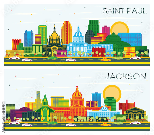 Jackson Mississippi and Saint Paul Minnesota City Skyline Set.