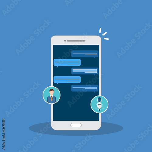 People use chat bot services, smart phone with virtual assistant. Concept of business development, sales increase, help service, customer service robot. Vector illustration