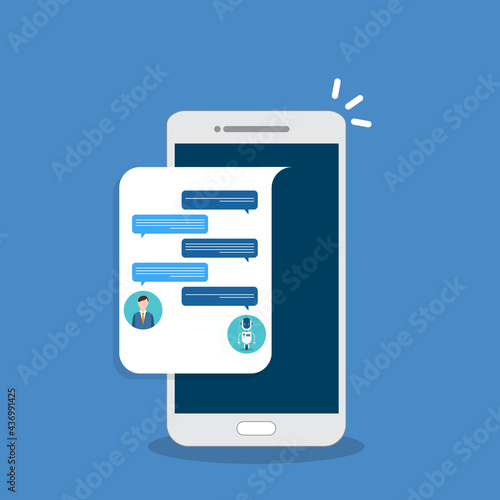 People use chat bot services, smart phone with virtual assistant. Concept of business development, sales increase, help service, customer service robot. Vector illustration