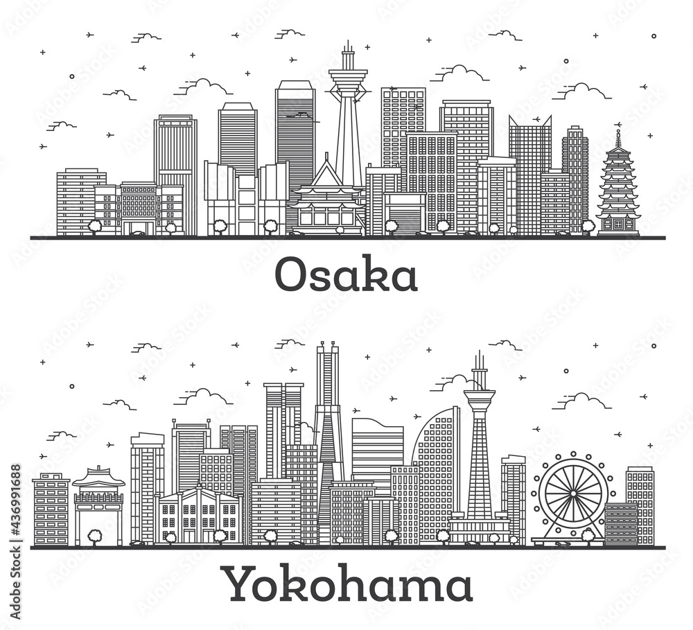 Naklejka premium Outline Yokohama and Osaka Japan City Skyline Set.