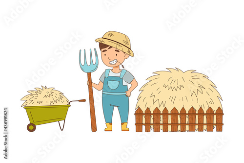 Little Boy in Overall Holding Pitchfork Standing Near Haystack Working on the Farm Vector Illustration