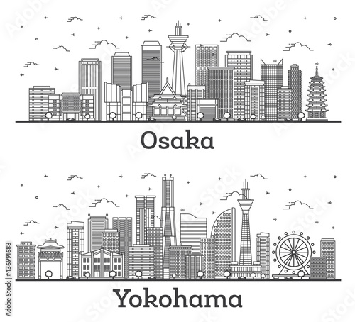 Outline Yokohama and Osaka Japan City Skyline Set.