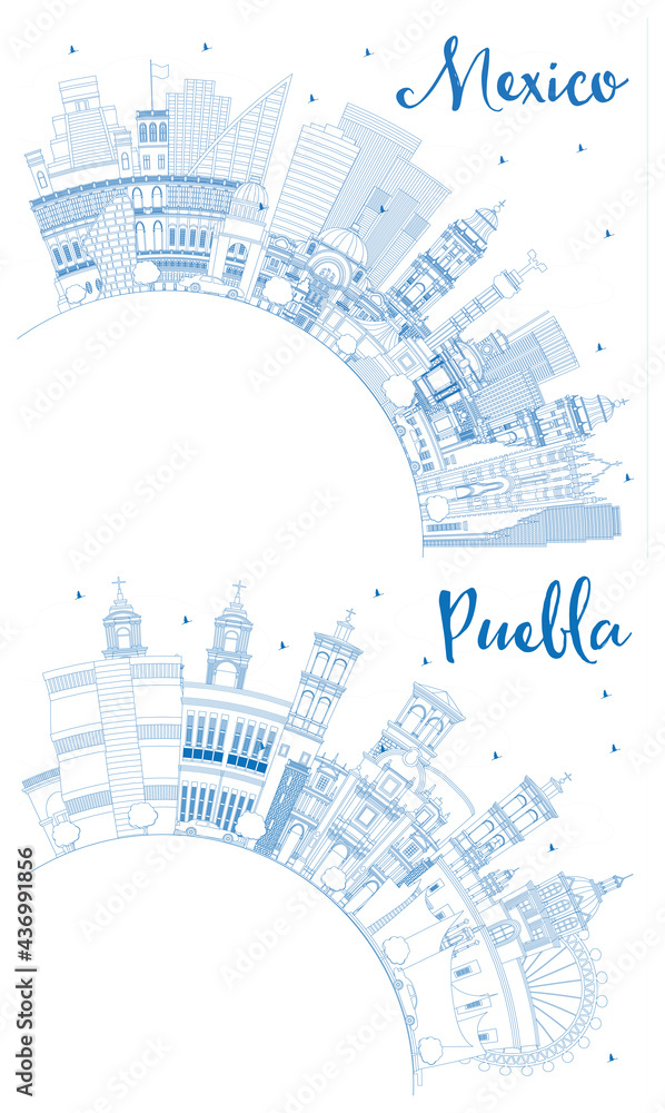 Outline Puebla and Mexico City Skyline Set.