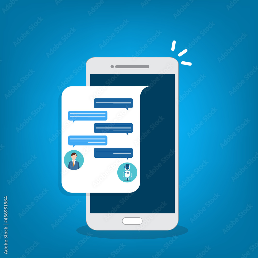 People use chat bot services, smart phone with virtual assistant. Concept of business development, sales increase, help service, customer service robot. Vector illustration People use chat bot services, smart phone with virtual assistant. Concept of business development, sales increase, help service, customer service robot. Vector illustration