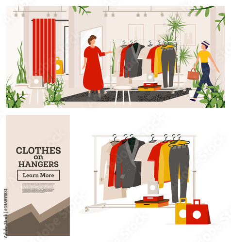 Fashion Clothes Store. Vector Illustration. Boutique or Shop with Woman s Cloth. Modern Interior.