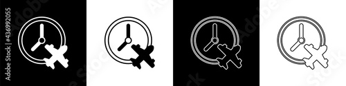 Set Clock with airplane icon isolated on black and white background. Designation of time before departure, check-in for flight and arrival time symbol. Vector
