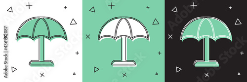 Set Sun protective umbrella for beach icon isolated on white and green, black background. Large parasol for outdoor space. Beach umbrella. Vector