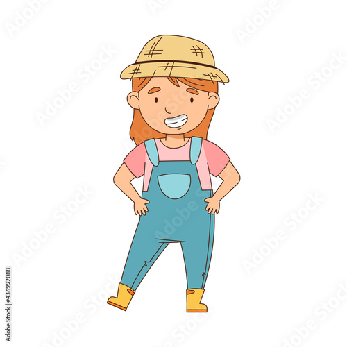 Little Girl in Overall and Straw Hat Standing as Farm Worker Vector Illustration