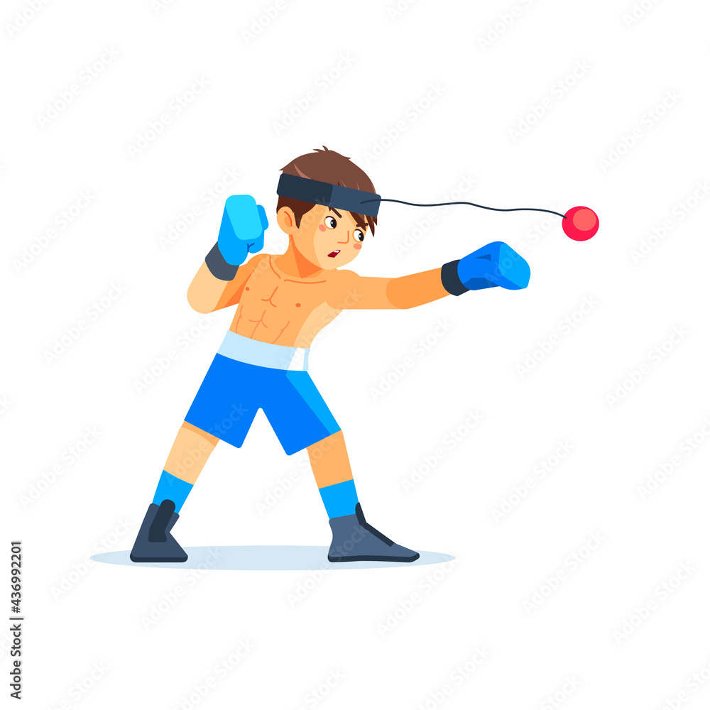 Young boxer teen training with an expander Fight ball Boy throwing a fierce and powerful punch. Vector illustrated of boxer kid isolated on white background. Strength and motivation Young boxer teen training with an expander Fight ball Boy throwing a fierce and powerful punch. Vector illustrated of boxer kid isolated on white background. Strength and motivation