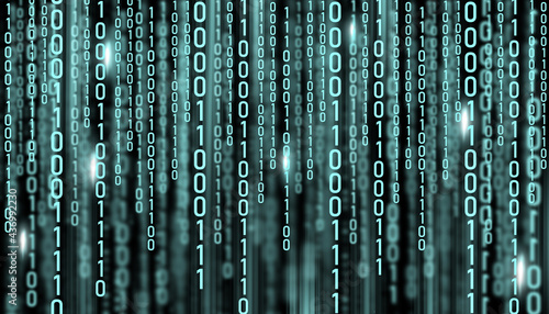 LED light text number one and zero. Binary code on the monitor screen.